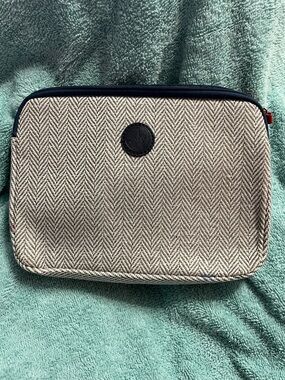 Neutral Herringbone Zip Pouch with Navy Trim